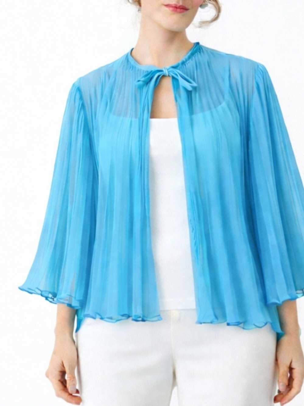1960s Vintage Blue Night Jacket Accordion Sheer Necktie Over Blouse Duster #1 - Picture 2 of 11